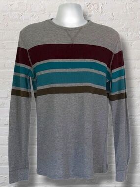 Mossimo Supply Co Men’s Long Sleeve Thermal Shirt Size L Gray Stripe Crew Neck